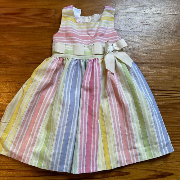 Bonnie Jean pastel striped gold threading sleeveless bow dress SIZE 4T - Picture 1 of 4